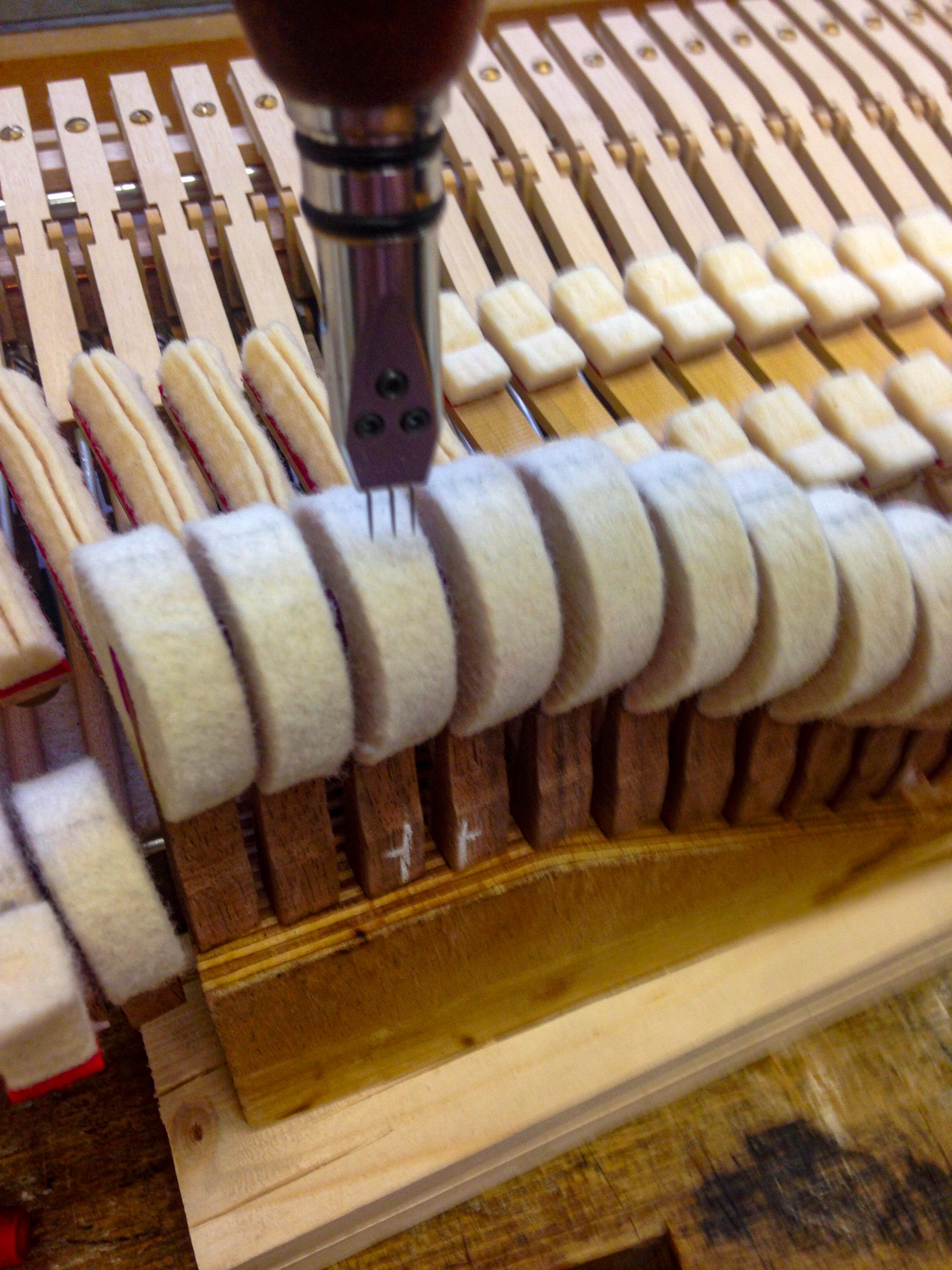 Piano action – hammer heads during voicing, Claravier workshop
